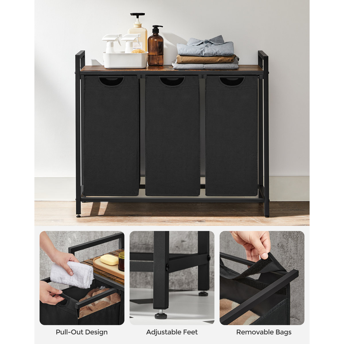 Laundry Hamper with 3 Pull-Out and Removable Bags